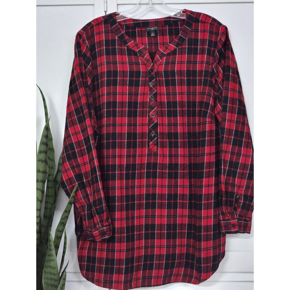 Talbots Top Womens 1X Red Black Plaid Shirt 1/2 Button Cozy Flannel Cotton L Slv